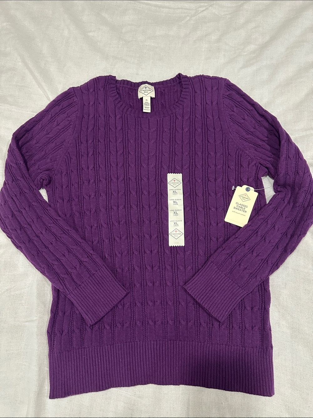NWT St. John’s Bay Women’s Deep Purple Cable Crewneck Sweater, XL